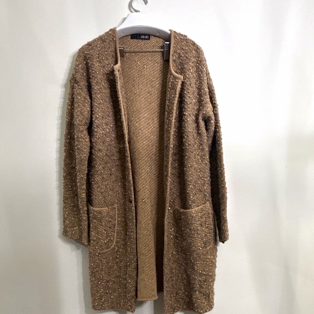 Liu Jo Beige Gold Metallic Knit Long Sleeve Cardigan Sweater EU 40 Pockets